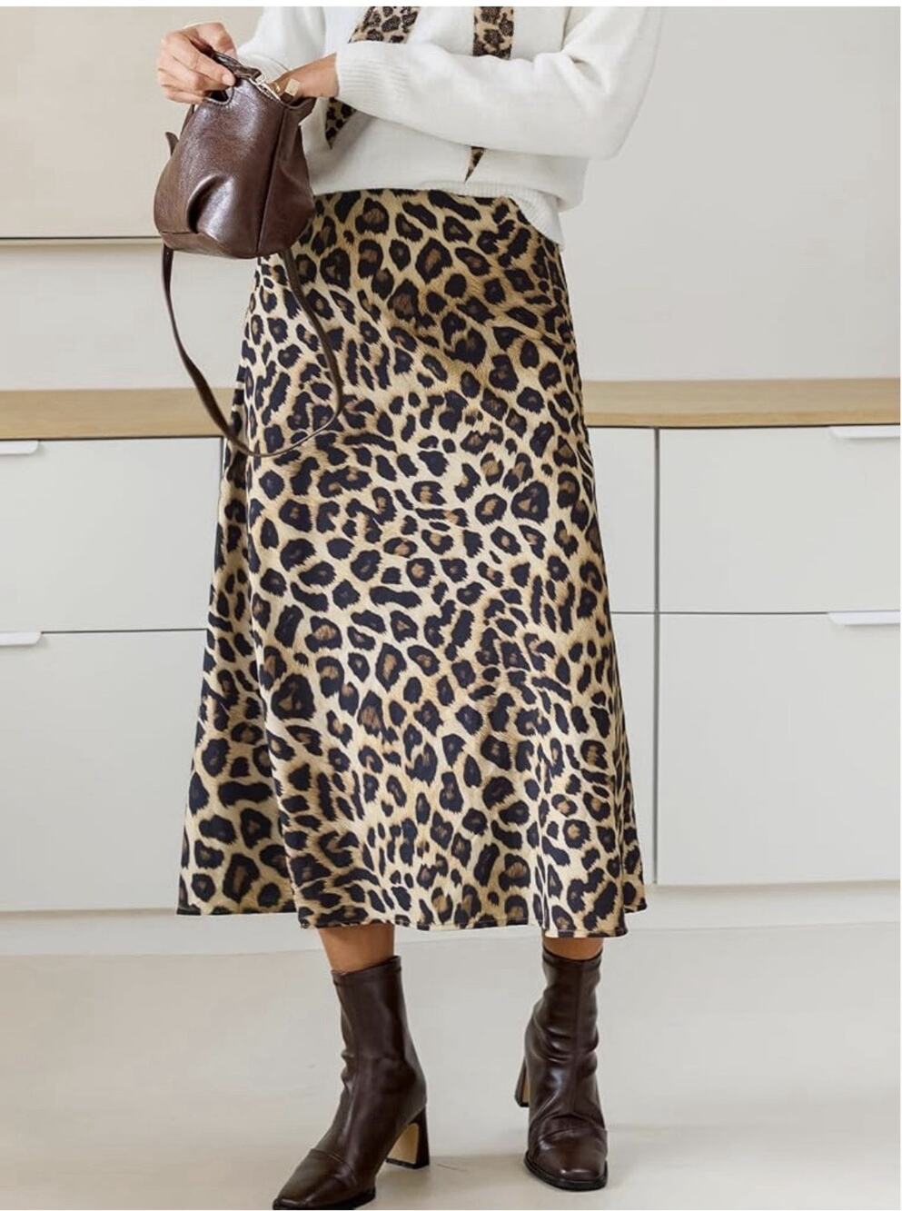 Cupshe Womenβs Leopard Animal Print A-Line Midi Skirt, Size M Beige/Brown